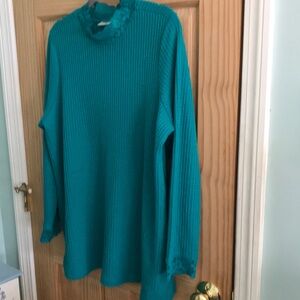 LOGO by Lori Goldstein Metallic Waffle Knit Mock Neck Top in Blue Grass size 1X